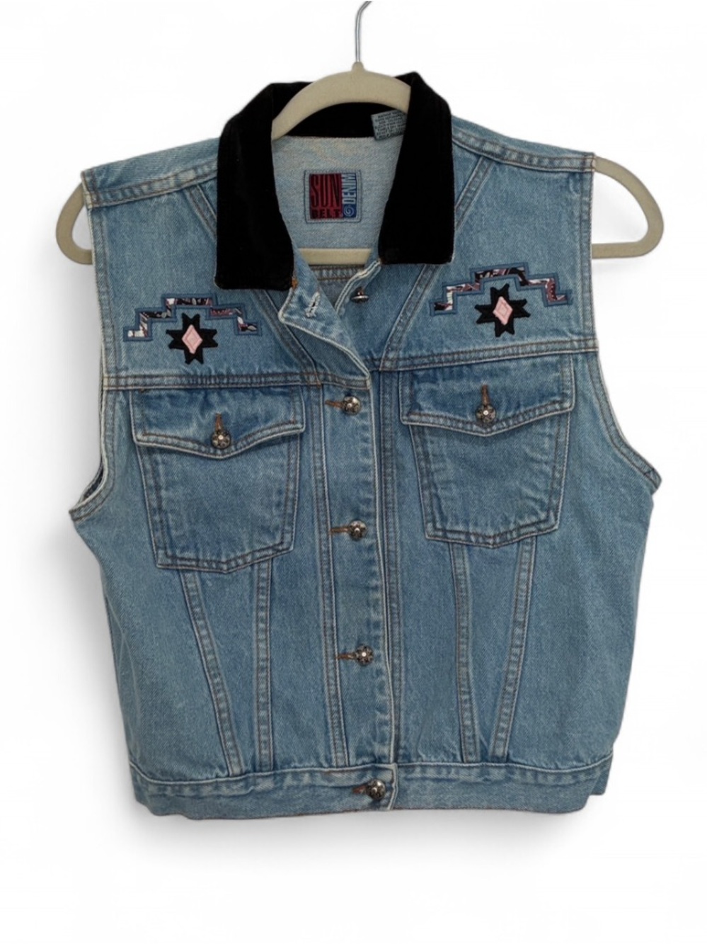 Vintage Sunbelt Denim Western Embroidered Light Blue Vest w/ Black Velvet Collar